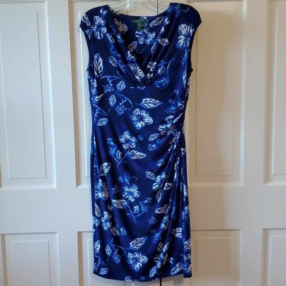 LAUREN RALPH LAUREN BLUE WHITE FLORAL STRETCH KNIT V-NECK RUCHED DRESS SIZE 12